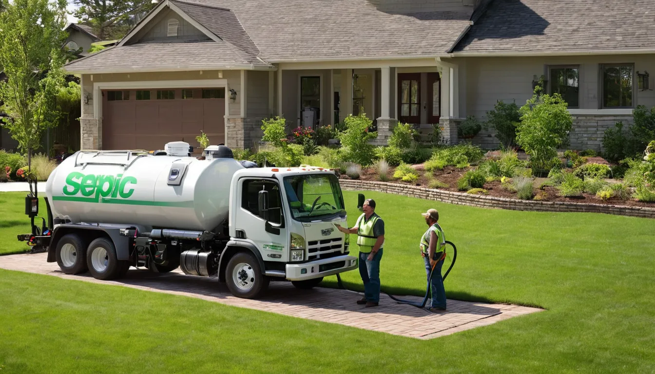 Friendly homeowner talking with a septic pumping provider beside a service truck in a Grapevine yard